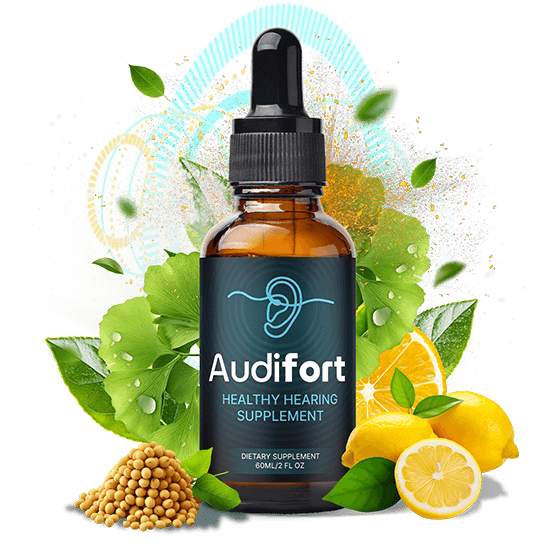 Audifort bottle: 60 ml dropper, labeled Healthy Hearing Supplement